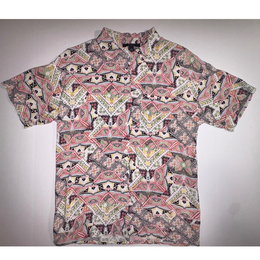 Forever 21 Geometric Print Button  Up Short Sleeve Shirt White Pink Green Mens M